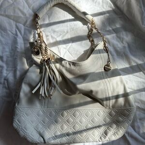 Big Buddha White Quilted Faux Leather Tote with Gold Chain Strap and Tassels